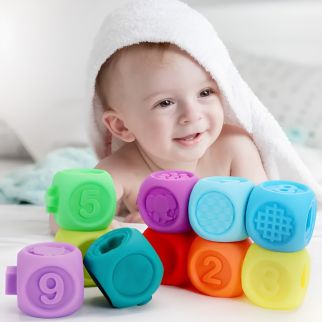 Cubes Sensoriels Montessori pour Bébé - Lot de 10 Blocs Souples