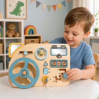 Busy Board Montessori – Tableau d'Activités en Bois avec Volant de Voiture pour Enfant