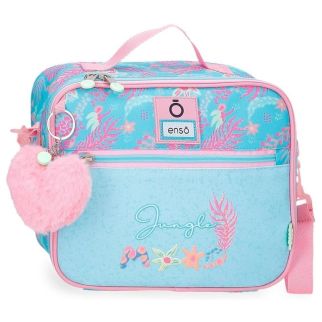 Sac repas isotherme Enso Jungle Mood – Lunch box enfant bandoulière bleu et rose | Pompon cœur