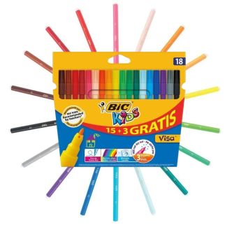 Coffret Feutres BIC Kids Visa – 18 Pièces (15 + 3 Gratuits) – Pointe Fine, Couleurs Vives & Lavables