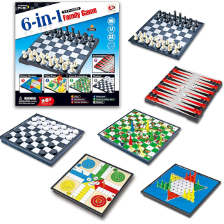 Jeu de société 6 en 1 : échecs, backgammon, dames chinoises, ludo, serpents et échelles