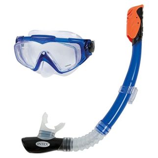 Masque de Plongée et Tuba INTEX Aquaflow Sport - Kit Snorkeling Bleu avec Valve Anti-Éclaboussures