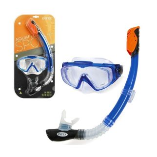 Masque de Plongée et Tuba INTEX Aquaflow Sport - Kit Snorkeling Bleu avec Valve Anti-Éclaboussures