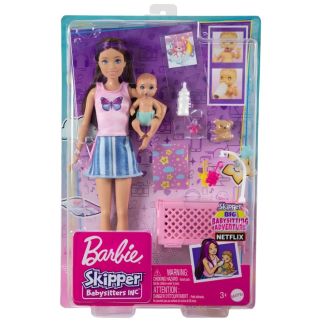 Coffret Barbie Skipper Baby-Sitter – Poupée Mannequin avec Bébé, Lit Berceau et Accessoires de Puériculture