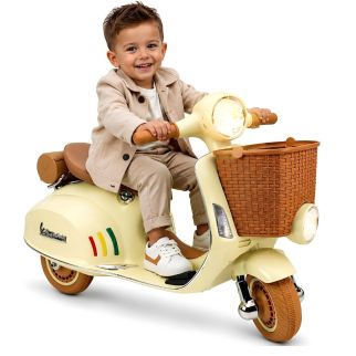 Moto à batterie Vespa pour enfant, Scooter électrique Vintage Crème avec panier en Osier