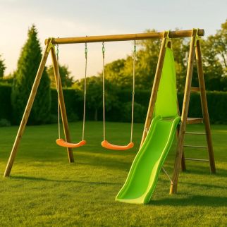 Portique en bois Topwood DANI - 2 balançoires + Toboggan - Trigano