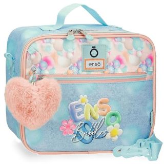 Sac repas isotherme Enso Bubbles – Lunch box enfant bandoulière dégradé bleu et rose | Pompon cœur
