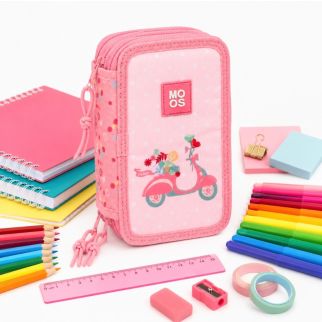 Trousse Double Compartiment Garnie MOOS Scooter Rose – 3 Compartiments avec Fournitures Scolaires
