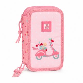 Trousse Double Compartiment Garnie MOOS Scooter Rose – 3 Compartiments avec Fournitures Scolaires