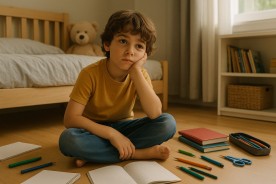 Un enfant fatigué entouré de fournitures scolaires avant la rentrée, illustrant la surcharge mentale.