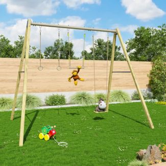  SKYLER 3m52 balançoire bois + Jeu d'Anneaux Métal + Trapèze  - Trigano 