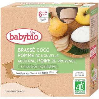Babybio Brassés Végétaux - Gourdes Lait de Coco Pomme Poire 4x85 g - 6+ Mois - BIO