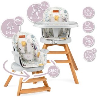 MoMi Woodi Chaise haute 3 en 1 pour bébés et enfants de 6 à 36 mois - Fleur