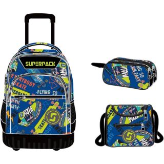 SUPERPACK Cartable à roulettes Skateboard 3pcs