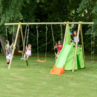 Portique IMPALA - 1 balançoire +1 face à face + 1 siège bébé + 1trapèze anneaux + 1échelle de corde + 1 plate-forme 1m20 + 1 cabane +1 toboggan 2m63