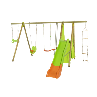 Portique IMPALA - 1 balançoire +1 face à face + 1 siège bébé + 1trapèze anneaux + 1échelle de corde + 1 plate-forme 1m20 + 1 cabane +1 toboggan 2m63